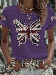 Women's British imitation diamond hot-drilling Printed Iron On Short Sleeve T-Shirt
