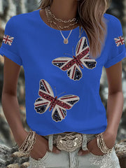 Women's British imitation diamond hot-drilling Printed Iron On Short Sleeve T-Shirt