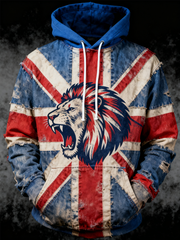 Men's British lion combined with retro old style Printed Oversized Drop-Shoulder Hoodie with Pockets