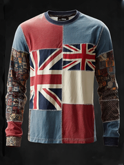 Men's British Flag Patchwork Printed long sleeve round neck T-shirt