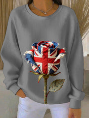Women's british patchwork Rose Printed Ribbed Round-Neck Sweatshirt