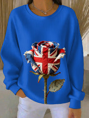 Women's british patchwork Rose Printed Ribbed Round-Neck Sweatshirt