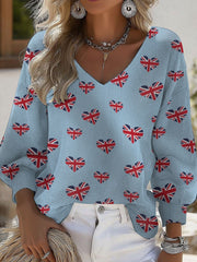 Women's British Flag Heart Printed V-Neck Casual Long Sleeve Shirt