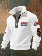Men's UK Flag Print Fur Collar Zipper Sweatshirt
