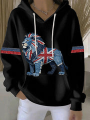 Women's British Faux Denim Print Casual Hoodie