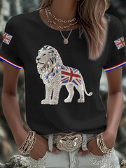 Women's British imitation diamond hot-drilling Printed short-sleeved T-shirt