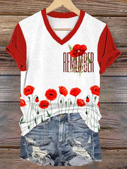 Women's Remembrance Day Poppy Floral Printed T-shirt