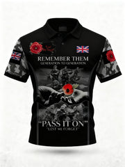 Men's 1th November Remembrance Day LEST WE'S FORGET Poppy Remembrance polo shirt