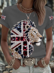 Women's British imitation diamond hot-drilling Printed Iron On Short Sleeve T-Shirt