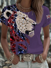 Women's British imitation diamond hot-drilling Printed Iron On Short Sleeve T-Shirt