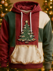 Men's Christmas Tree Art Patchwork Colorblock Hoodie with Pockets