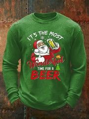 Men's Funny Christmas Santa Claus Print Waffle Long Sleeve T-Shirt