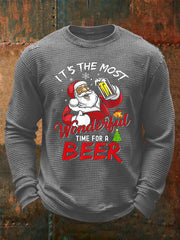 Men's Funny Christmas Santa Claus Print Waffle Long Sleeve T-Shirt