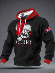 Men's Merry Christmas Bulldog Print Checkered Cotton Hoodie