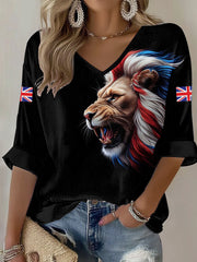 Damen Vintage Britischer Löwe bedrucktes Freizeit-T-Shirt