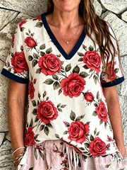 Damen Leinen-T-Shirt mit Rosenmuster und kurzen Ärmeln