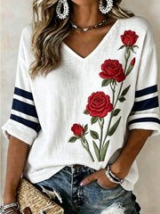 Damen T-Shirt mit Rosenmuster, halblangen Ärmeln und V-Ausschnitt