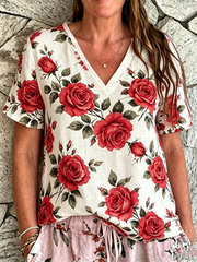Damen Leinen-T-Shirt mit Rosenmuster und kurzen Ärmeln