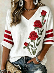 Damen T-Shirt mit Rosenmuster, halblangen Ärmeln und V-Ausschnitt