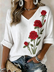 Damen T-Shirt mit Rosenmuster, halblangen Ärmeln und V-Ausschnitt
