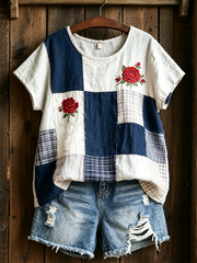 Women's Rose Print linen short-sleeved T-shirt