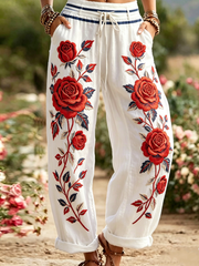 Damen-Hosen mit Blumenmuster, bequem, hochelastisch, ausgestelltem Bein