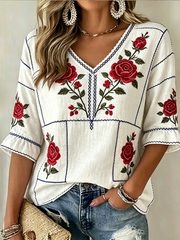 Damen V-Neck Shirt mit Blumendruck