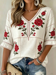 Damen V-Neck Shirt mit Blumendruck
