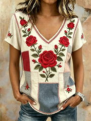 Damen Leinen T-Shirt mit Blumenmuster und kurzen Ärmeln