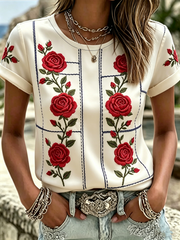 Damen T-Shirt mit Blumenmuster und kurzen Ärmeln