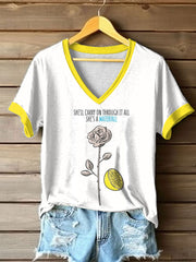 Damen T-Shirt mit Zitronenrosen und Musikliebhaber-Aufdruck, kurzärmlig