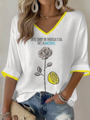 Damen-Waffel-T-Shirt mit Zitronen-Rosen-Musikliebhaber-Print