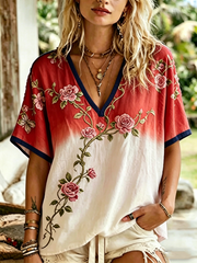 Damen Leinen-T-Shirt mit Blumendruck und kurzen Ärmeln