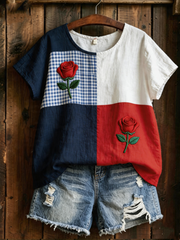 Damen Leinen-T-Shirt mit Blumenmuster und kurzen Ärmeln