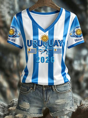 Damen URUGUAY 2026 Fußball V-Ausschnitt Kurzarm Seiden-T-Shirt