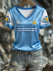 Damen URUGUAY 2026 Fußball V-Ausschnitt Kurzarm Seiden-T-Shirt