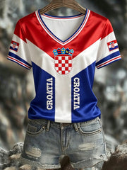 Damen Kroatien 2026 Fußball V-Ausschnitt Kurzarm Seiden-T-Shirt