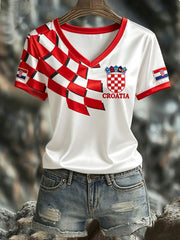 Damen Kroatien 2026 Fußball V-Ausschnitt Kurzarm Seiden-T-Shirt