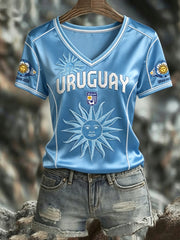 Damen URUGUAY 2026 Fußball V-Ausschnitt Kurzarm Seiden-T-Shirt