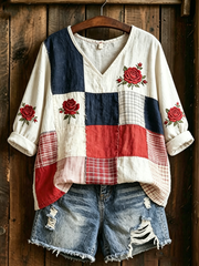 Damen T-Shirt mit Blumenmuster, halblangen Ärmeln und V-Ausschnitt