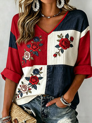 Damen T-Shirt mit Blumenmuster, halblangen Ärmeln und V-Ausschnitt