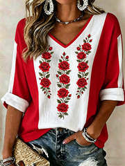 Damen T-Shirt mit Blumenmuster, halblangen Ärmeln und V-Ausschnitt