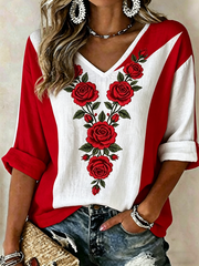 Damen T-Shirt mit Blumenmuster, halblangen Ärmeln und V-Ausschnitt