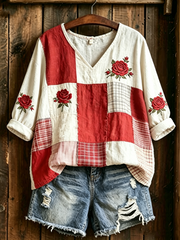 Damen T-Shirt mit Blumenmuster, halblangen Ärmeln und V-Ausschnitt
