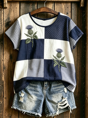Damen T-Shirt aus Leinen mit schottischem Distelprint, Kurzarm