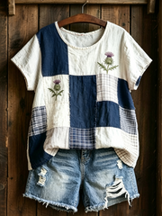 Damen Leinen T-Shirt mit schottischem Distel-Print, Kurzarm