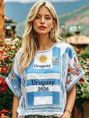 Damen T-Shirt URUGUAY 2026 Fußball Leinen Kurzarm