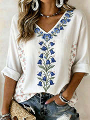 Damen Leinen-T-Shirt mit Glockenblumenprint und kurzen Ärmeln