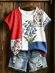 Damen-T-Shirt aus Leinen mit Glockenblumen-Print und kurzen Ärmeln