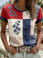 Damen-Leinen-Kurzarm-T-Shirt mit Glockenblumen-Print